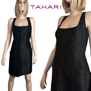 Tahari 100% Silk Little Black Dress Cocktail Beading Detail Square Neckline NWOT